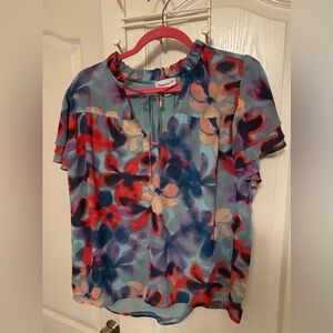Veronica M Red and Blue Ruffled Short Sleeve Blouse